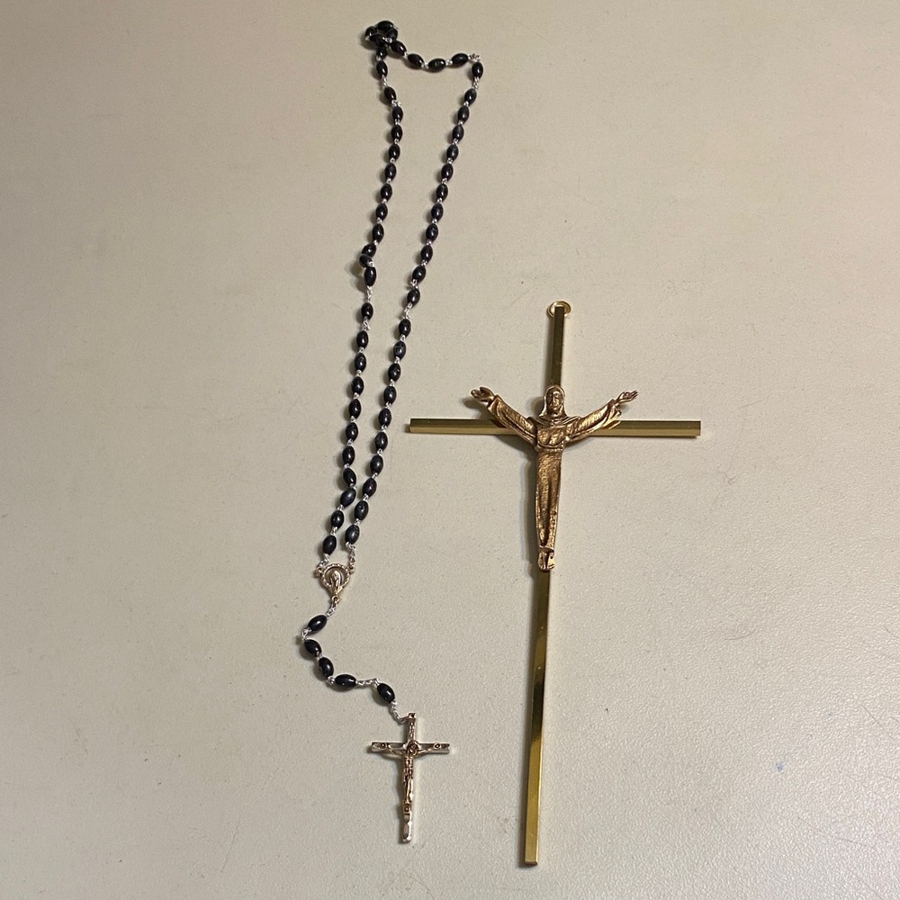 Gold-tone Crucifix Necklace with Black Bead Rosary